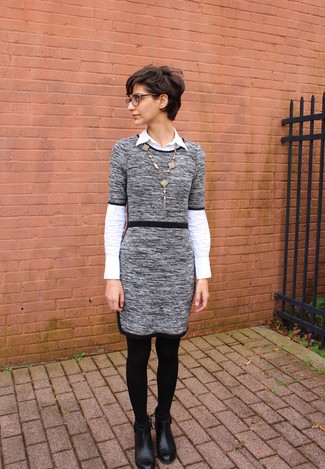 Women's Grey Sweater Dress, White Dress Shirt, Black Leather Ankle Boots, Gold Pendant