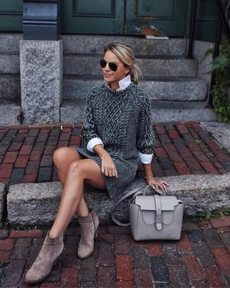 Women's Charcoal Knit Sweater Dress, White Dress Shirt, Brown Suede Ankle Boots, Grey Leather Satchel Bag