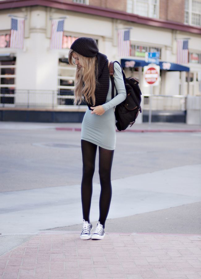 Women's Grey Sweater Dress, Grey Low Top Sneakers, Black Canvas Backpack,  Black Beanie
