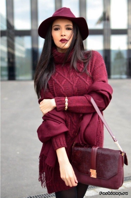 Women's Burgundy Knit Sweater Dress, Burgundy Leather Satchel Bag