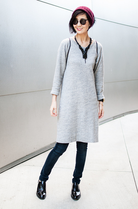 sweater dress and jeans