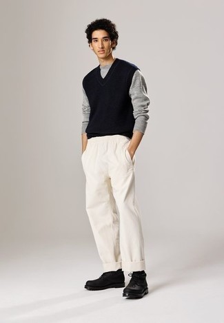 Men's Navy Sweater Vest, Grey Crew-neck Sweater, White Chinos, Black Leather Desert Boots