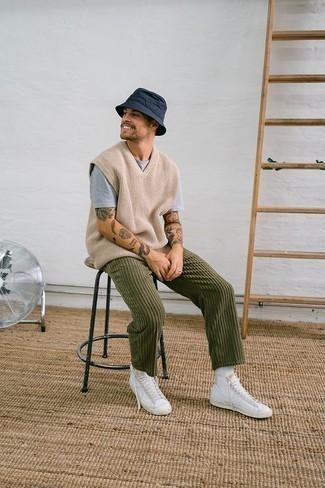 Men's Beige Sweater Vest, Grey Crew-neck T-shirt, Olive Corduroy Chinos, White Leather High Top Sneakers