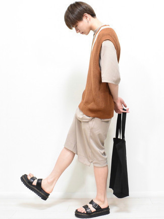 Beige Sports Shorts Outfits For Men: For a look that's super straightforward but can be flaunted in a great deal of different ways, pair a tan sweater vest with beige sports shorts. Bring a more casual twist to this getup by rounding off with black leather sandals.
