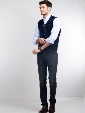 Blue Sweater Vest Outfits For Men: A blue sweater vest and charcoal jeans are an easy way to inject some rugged refinement into your day-to-day wardrobe. Add a pair of burgundy leather derby shoes to the mix for an instant style fix.