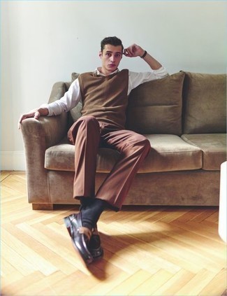 Dark Purple Leather Loafers Outfits For Men: If the setting calls for an elegant yet knockout ensemble, dress in a brown sweater vest and brown chinos. Kick up your outfit with dark purple leather loafers.