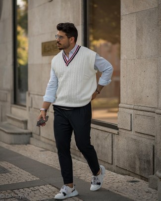 Black Vertical Striped Chinos Outfits: Putting together a white sweater vest with black vertical striped chinos is a wonderful choice for an effortlessly sleek menswear style. Feeling bold today? Spice things up with white and black leather low top sneakers.