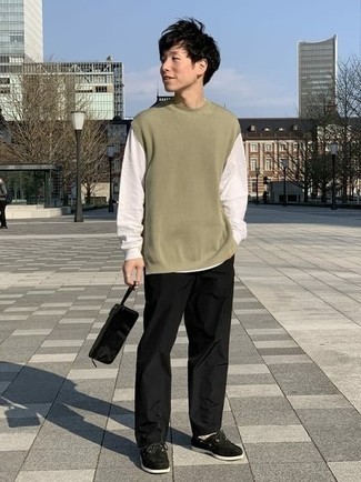 Men's Olive Sweater Vest, White Long Sleeve T-Shirt, Black Chinos, Black Canvas Boat Shoes
