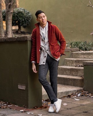 Red Wool Shirt Jacket Outfits For Men: 