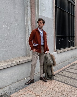 Brown Shirt Jacket Winter Outfits For Men: 