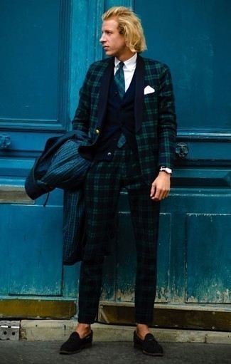Navy and Green Plaid Suit Outfits: 
