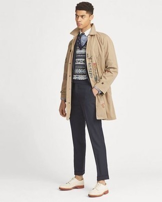 Tan Print Trenchcoat Outfits For Men: 