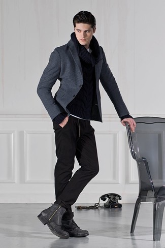 Men's Charcoal Leather Casual Boots, Black Sweatpants, Black Cable Sweater, Charcoal Wool Blazer