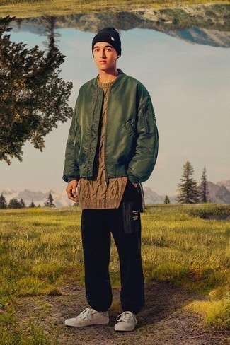 Dark Green Satin Bomber Jacket Outfits For Men: 