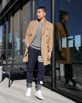 Men's White Canvas Low Top Sneakers, Navy and White Sweatpants, Grey Crew-neck Sweater, Camel Overcoat