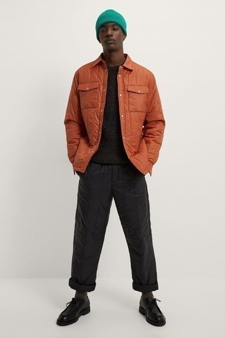 Men's Black Leather Desert Boots, Black Quilted Sweatpants, Black Crew-neck Sweater, Orange Quilted Nylon Shirt Jacket