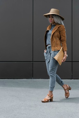 Women's Brown Leather Heeled Sandals, Grey Sweatpants, Grey Crew-neck T-shirt, Tobacco Suede Biker Jacket