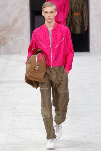 Hot Pink Bomber Jacket Outfits For Men: 
