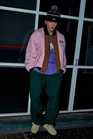 Hot Pink Bomber Jacket Outfits For Men: 
