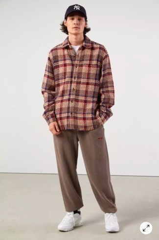 Tan Plaid Flannel Long Sleeve Shirt Outfits For Men: 