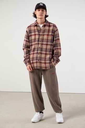 Tan Plaid Flannel Long Sleeve Shirt Outfits For Men: 