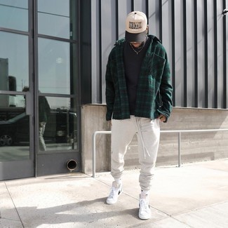Men's White and Black Canvas High Top Sneakers, Grey Sweatpants, Black Crew-neck T-shirt, Dark Green Plaid Flannel Long Sleeve Shirt