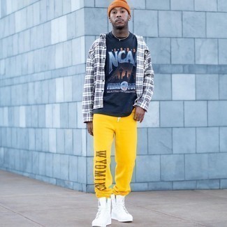 Men's White Canvas High Top Sneakers, Mustard Sweatpants, Navy Print Crew-neck T-shirt, White and Navy Plaid Long Sleeve Shirt