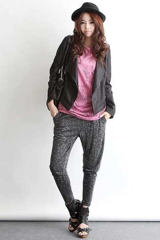 Women's Black Leather Wedge Sandals, Charcoal Sweatpants, Pink Crew-neck T-shirt, Black Leather Open Jacket