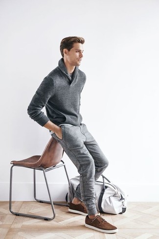 Grey Shawl-Neck Sweater Outfits: 