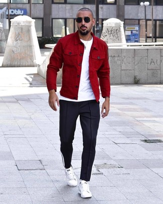 Men's White Leather Low Top Sneakers, Navy Sweatpants, White Crew-neck T-shirt, Red Shirt Jacket