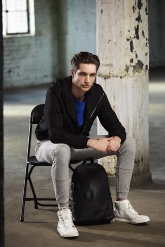 White and Black Leather High Top Sneakers Outfits For Men: 