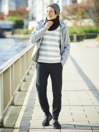 Charcoal Horizontal Striped Crew-neck T-shirt Outfits For Men: 