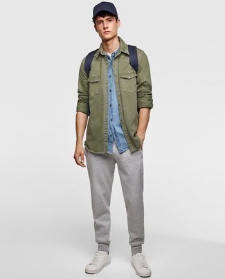 Men's White Leather Low Top Sneakers, Grey Sweatpants, Olive Denim Shirt, Light Blue Chambray Short Sleeve Shirt
