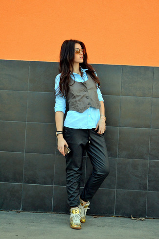 Women's Gold High Top Sneakers, Black Leather Sweatpants, Light Blue Dress Shirt, Charcoal Leather Vest