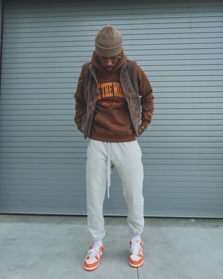 Brown Print Hoodie Outfits For Men: 