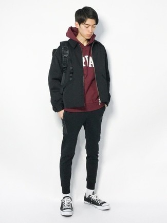 Burgundy Print Hoodie Outfits For Men: 