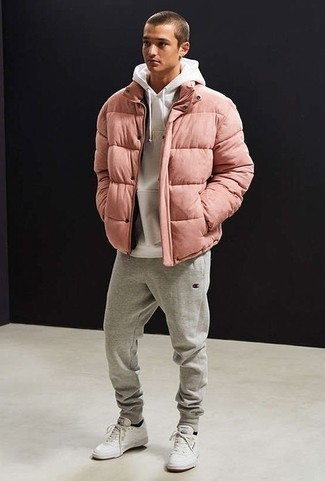Men's White Leather Low Top Sneakers, Grey Sweatpants, White Hoodie, Pink Puffer Jacket