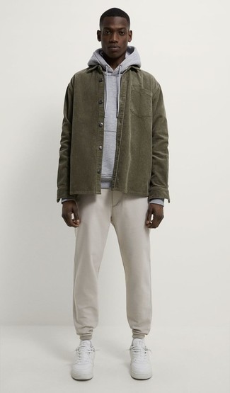 Olive Corduroy Shirt Jacket Outfits For Men: 