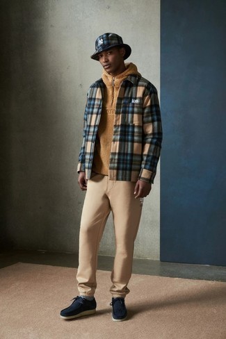 Navy Plaid Bucket Hat Outfits For Men: 