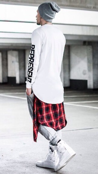 Men's White High Top Sneakers, Grey Sweatpants, White Print Long Sleeve T-Shirt, Red and Black Plaid Long Sleeve Shirt