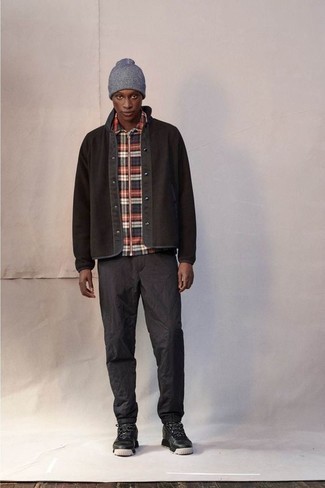 Dark Brown Fleece Shirt Jacket Outfits For Men: 