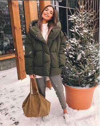 Women's White Leather Low Top Sneakers, Grey Sweatpants, White Knit Turtleneck, Olive Puffer Jacket
