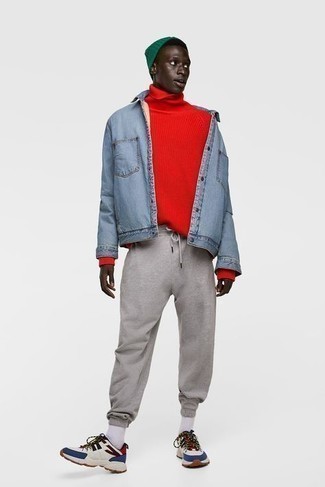 Men's White and Red and Navy Athletic Shoes, Grey Sweatpants, Red Knit Turtleneck, Light Blue Denim Shirt Jacket