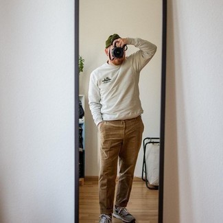 Men's White Sweatshirt, Brown Corduroy Chinos, Brown Athletic Shoes, Olive Beanie