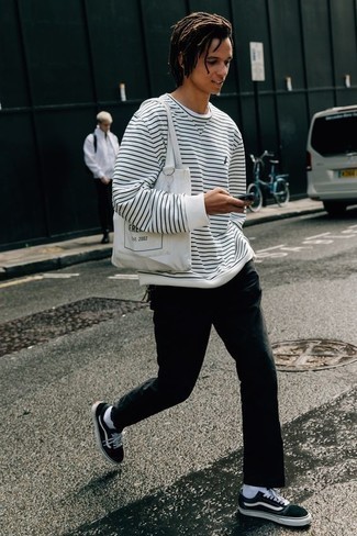 Men's White Horizontal Striped Sweatshirt, Black Chinos, Black and White Canvas Low Top Sneakers, White and Black Print Canvas Tote Bag
