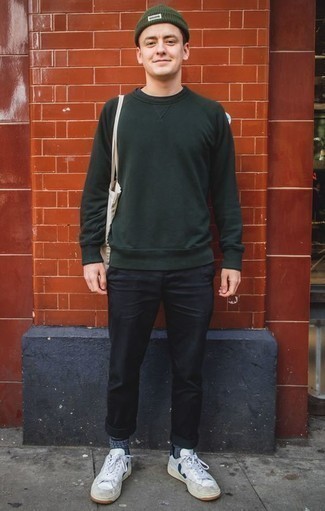 Men's Dark Green Sweatshirt, Black Chinos, White and Navy Leather Low Top Sneakers, Beige Canvas Tote Bag
