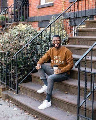 Dark Brown Sweatshirt Outfits For Men: For a look that's very easy but can be modified in many different ways, pair a dark brown sweatshirt with grey wool chinos. Our favorite of a ton of ways to complement this look is a pair of white canvas low top sneakers.