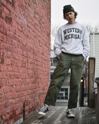 Men's Grey Print Sweatshirt, Olive Chinos, Black and White Canvas Low Top Sneakers, Dark Green Beanie