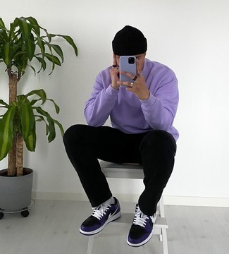 Men's Light Violet Sweatshirt, Black Chinos, Violet Leather Low Top Sneakers, Black Beanie
