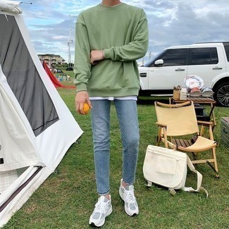 Mint Sweatshirt Outfits For Men: Indisputable proof that a mint sweatshirt and light blue jeans look awesome when paired together in an off-duty ensemble. Introduce grey athletic shoes to the equation to make a dressy getup feel suddenly fresh.